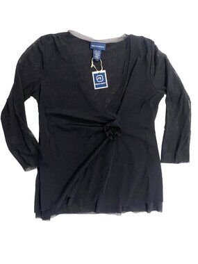 Y2K COQUETTE Black Sheer Mesh Rosette V-Neck Top XL NWT Grunge Mall Goth Vintage